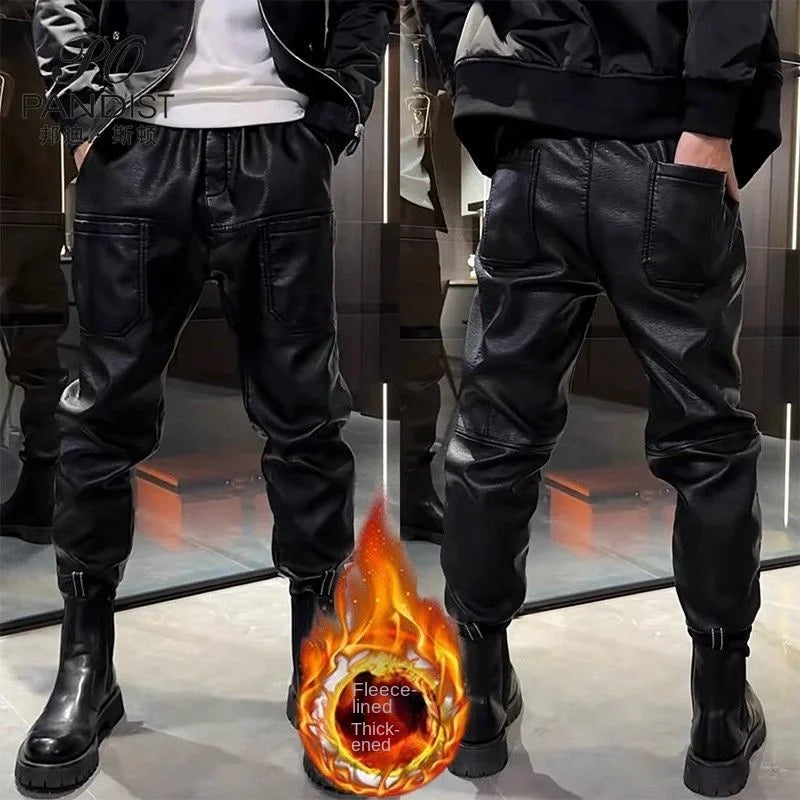 Fashion 2024 Men's Loose Elastic Waist Faux Leather Winter Pants Six Pockets Fleece Thcik Black Pu Punk Design Trousers Male