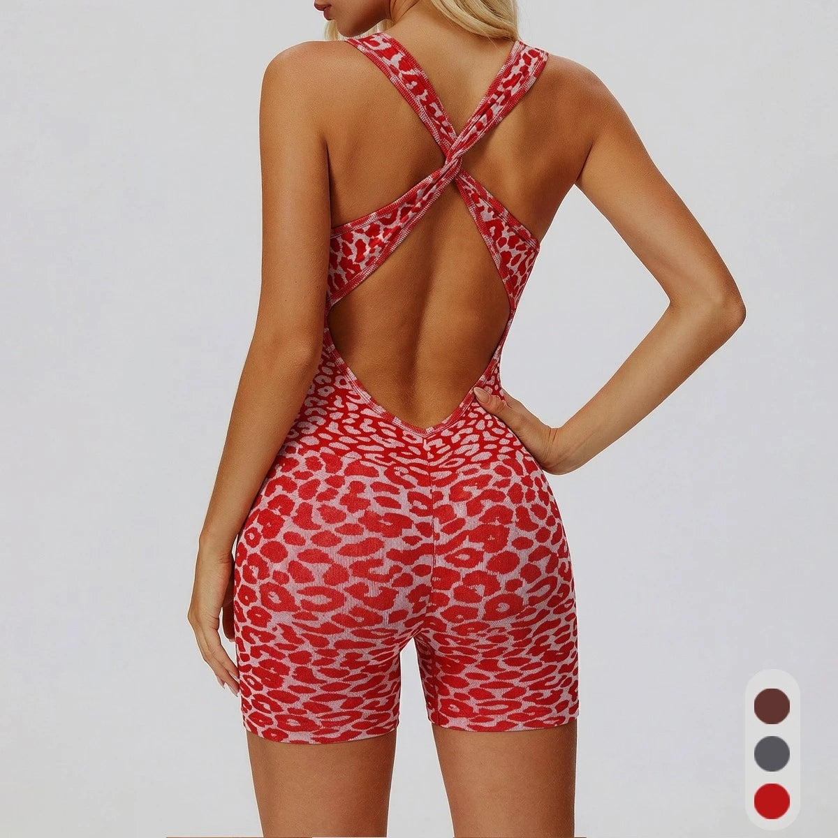Greenora Leopard Print Yoga Jumpsuit Women Backless Sexy Bodysuit Push Up Gym Romper Peach Lift Fitness Activewear Sportswear