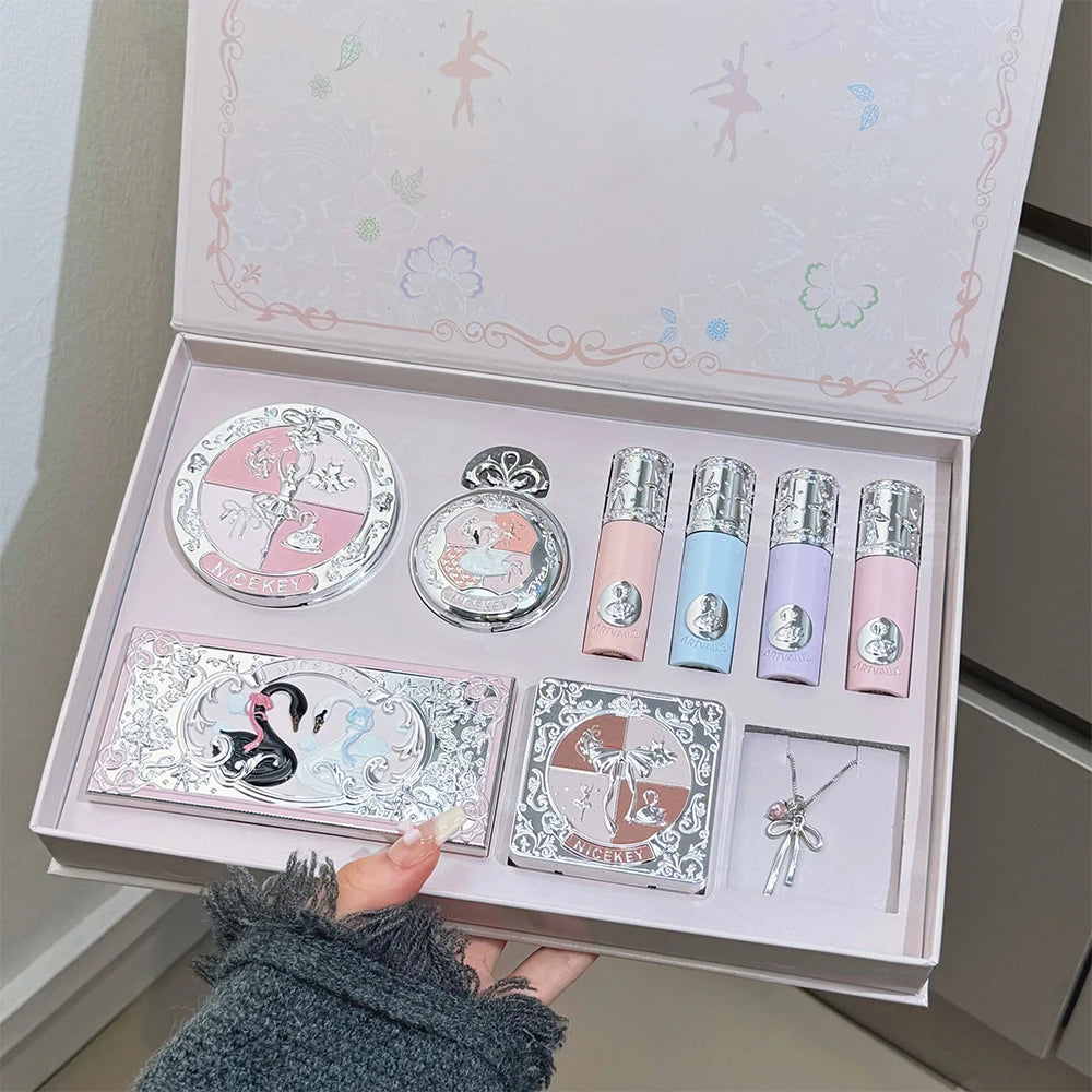 NICEKEY Face Makeup Sets Include 4 Lipgloss,1 Blush,1 Pressed Powder,1 Eyesshadow Palette,1 Contour Palette With Necklace Gift