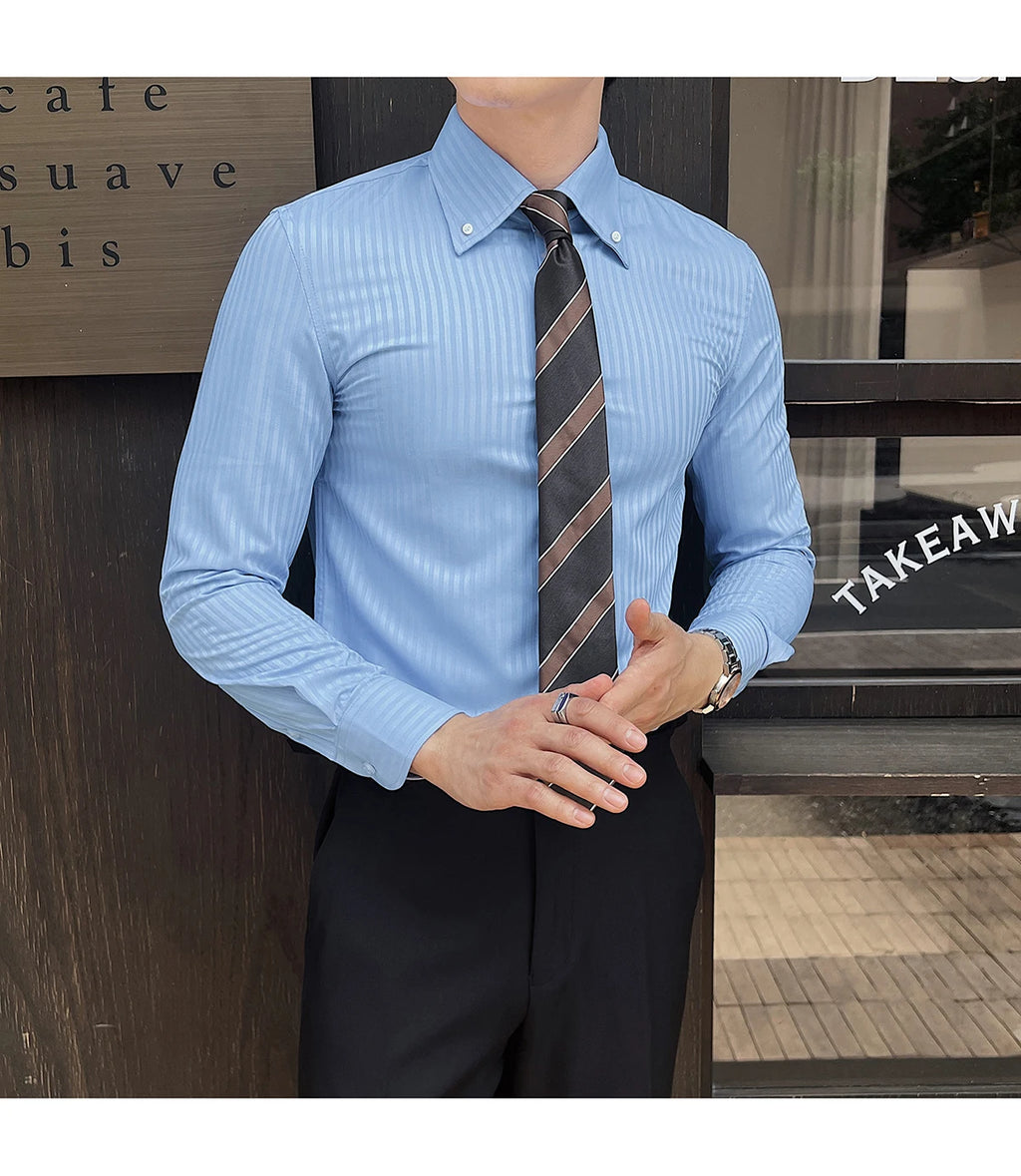 High-quality autumn men's new long-sleeve dark striped slim-fit shirt business casual formal workwear M-4XL
