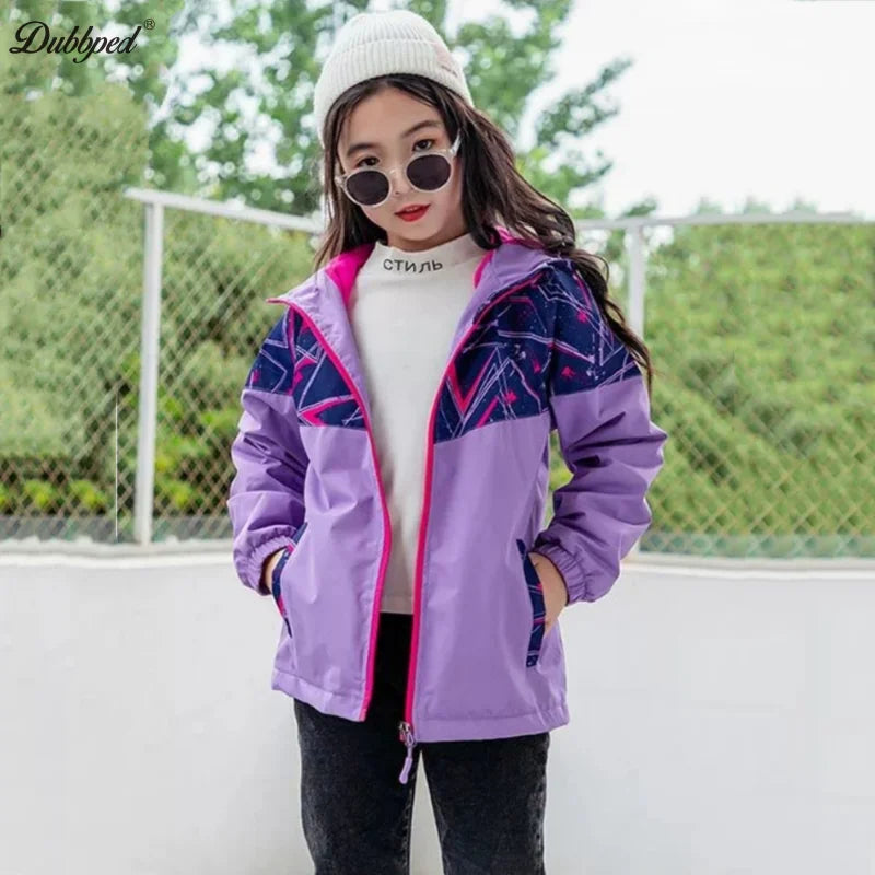 Dubbped New Fashion Spring  Autumn Jackets Rian Girls Coat Waterproof Windproof Windbreaker  Hooded Kids Clothes 3-12Y