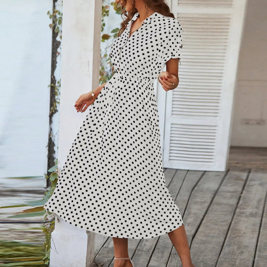 Elegant retro polka dot dress Women's Summer Midi Dress V Neck Single Breasted Short Sleeve Dresses Fashion Print Dress