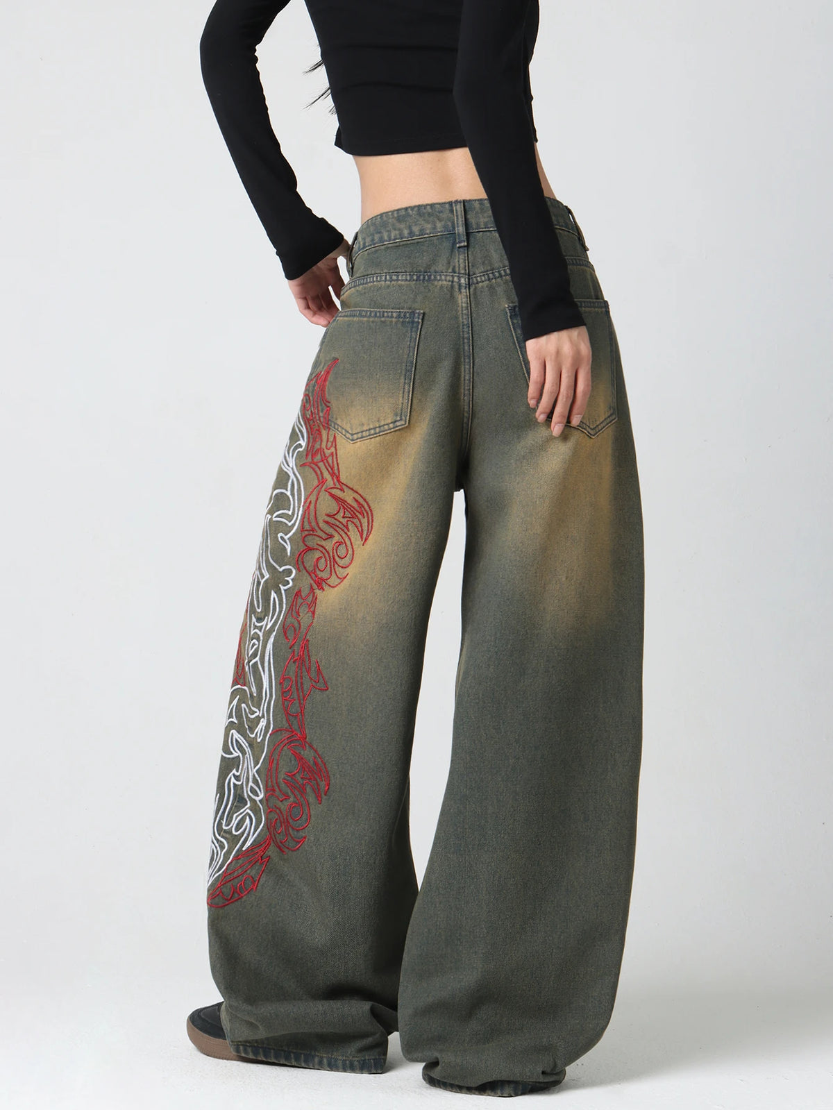 European And American Style, Dragon Pattern Flame Contrast Embroidery, Vintage Aby Style, Yellow Mud Gradient Jeans