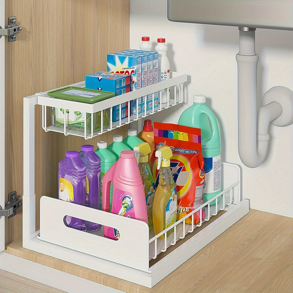Under Sink Sliding Drawer Organizer - Metal Storage Rack with Pull-Out Shelves - Multi-Room Kitchen Bathroom Cabinet Organizer