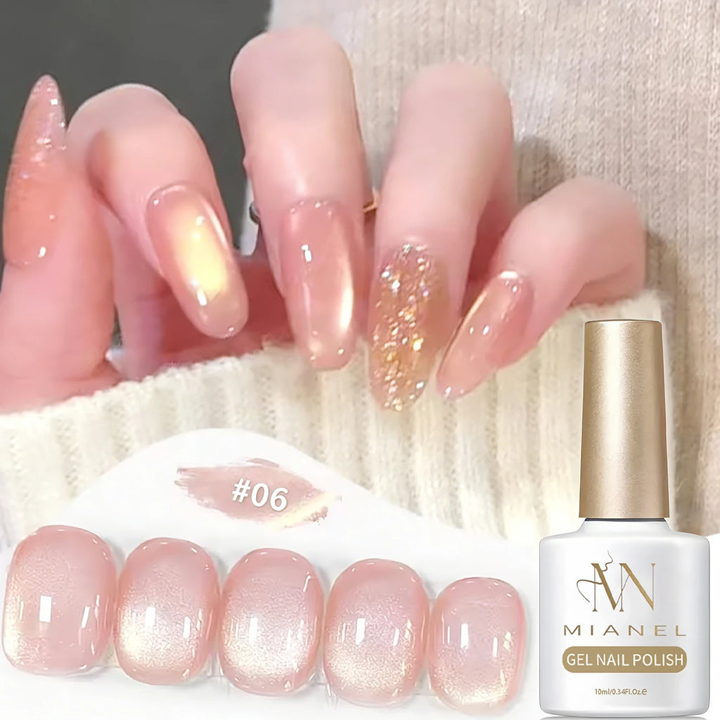 MIANEL 2026 10ML Lover Cat Eye Nail Gel Nude Pink with Sparkling Golden Light Glass Bead for Flattering Cat Eye Manicure