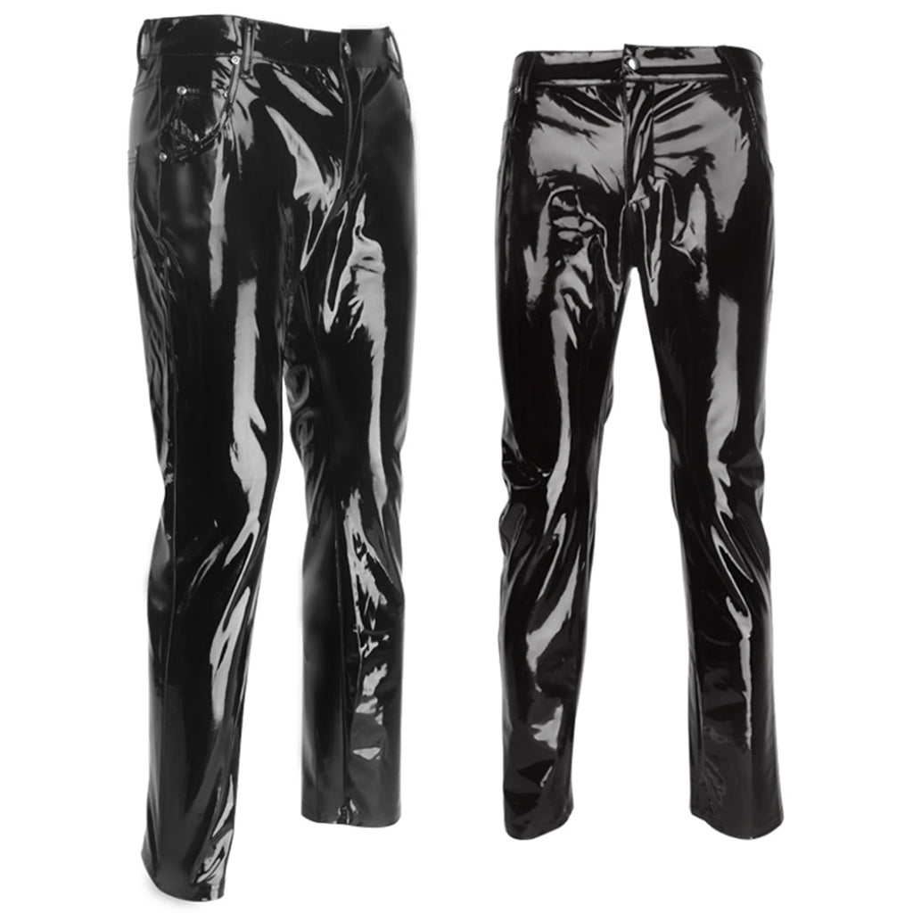 Men Latex Leather Pants Low Waist Faux Leather Shiny Pants Fashion Tight Trousers for Club Stage Show Rock Band Performance