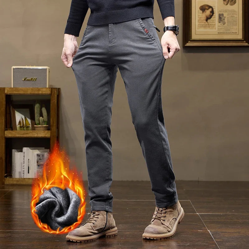 Korean Fashion Fleece Men's Casual Pants Slim Straight Youth Warm Trousers Thickened Thermal Stretch Male Clothes Trendy Brand