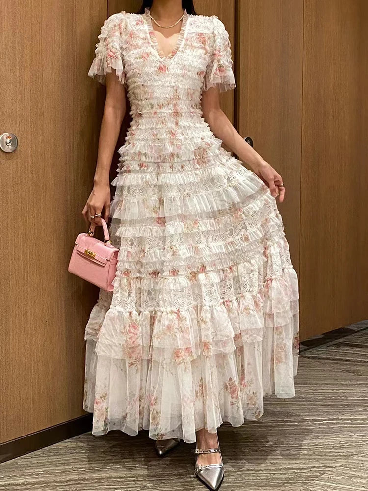 Eshin Elegant Midi Dress Short Sleeve Summer Spring New Fashion Design Women Runway Mesh Ruffles V-Neck Party High Street TH6731