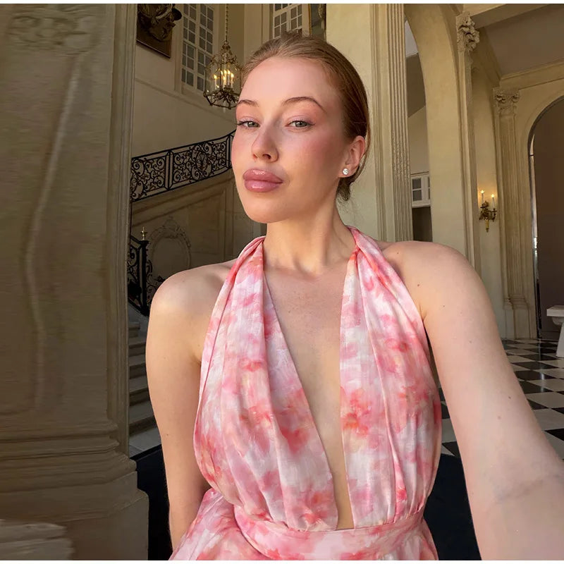 Floral Print Halter Neck Tiered Ruffle Dress Waist Cinched V Neck 2026 Summer Causal Women Vacation Irregular Layered Vestido