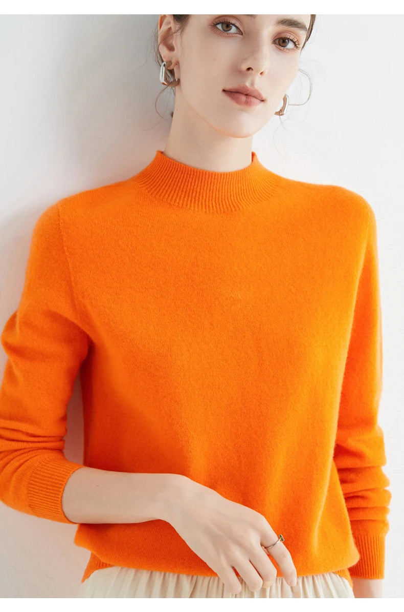 First-Line Seamless Women's Half-Turtleneck 100% Pure Wool Sweater Solid Color Long Sleeve Pullover Knitted Bottoming Sweater
