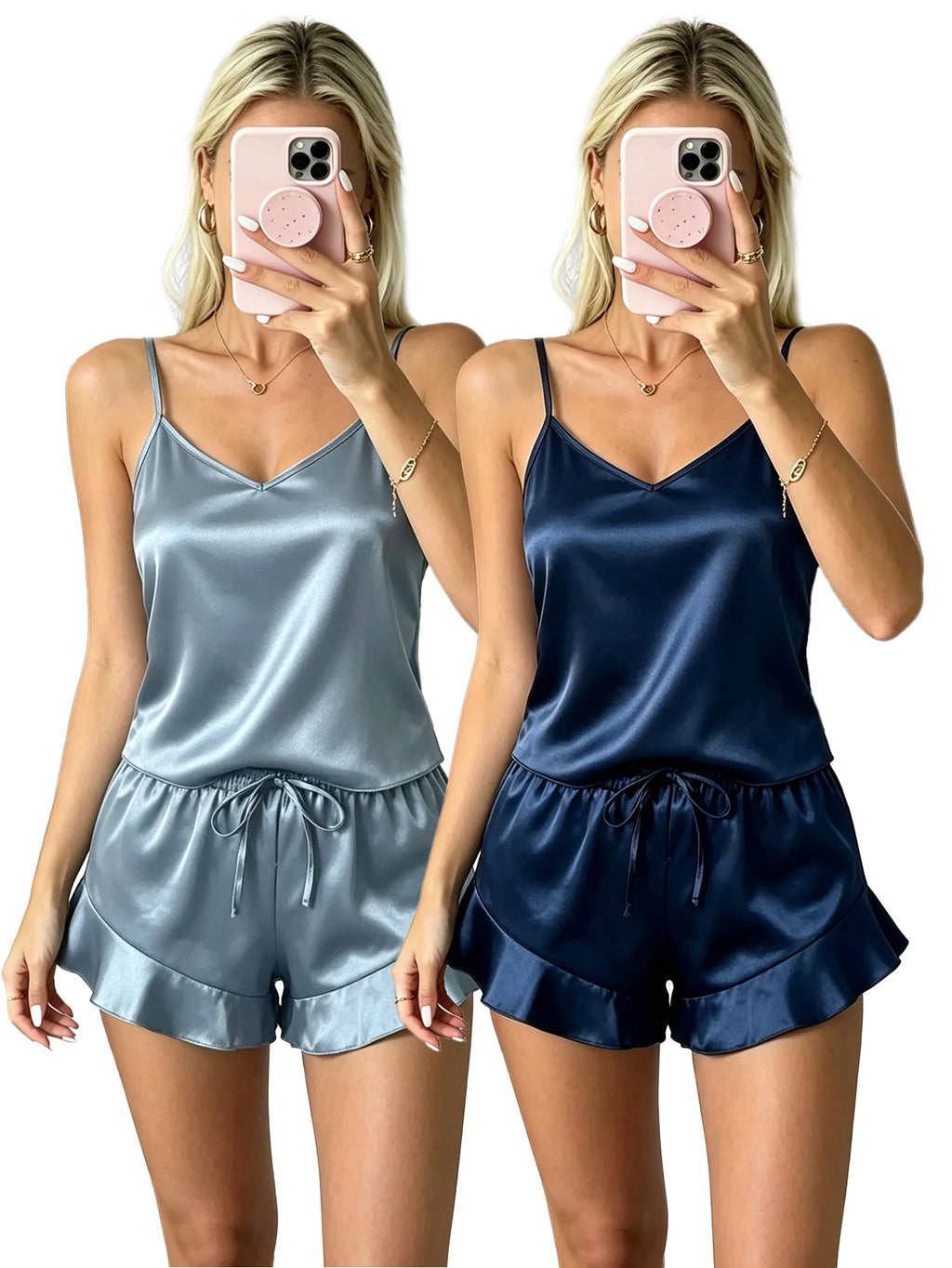 Elegant Solid Women Satin 2 Piece Pajama Set V Neck Top Ruffle Shorts Loose Ladies Home Sleepwear Loungewear