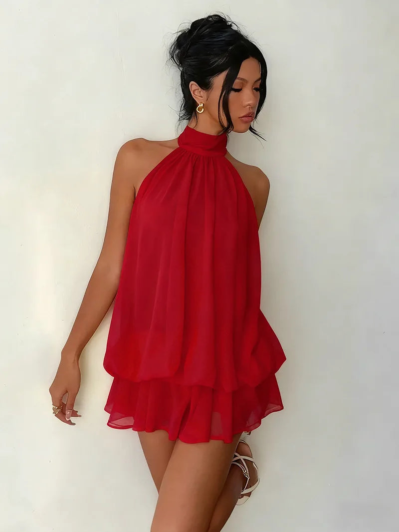 Women Halter Neck Backless Tie Mini Dress Summer Sleeveless Chiffon Ruffle Short Dresses Sexy Club Party Beach Vacation Outfit