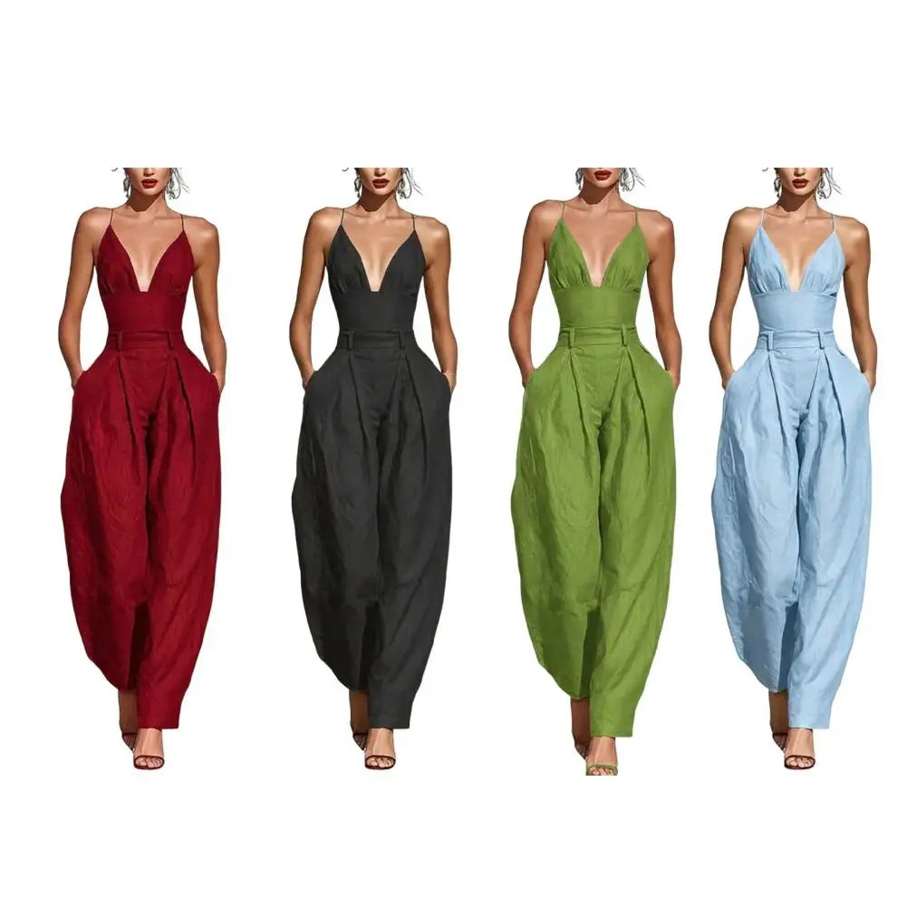 Elegant Sexy V-Neck Spaghetti Strap Jumpsuit Women High Waist Wide Leg Casual Romper Spring Boho Solid Backless Pockets Overalls