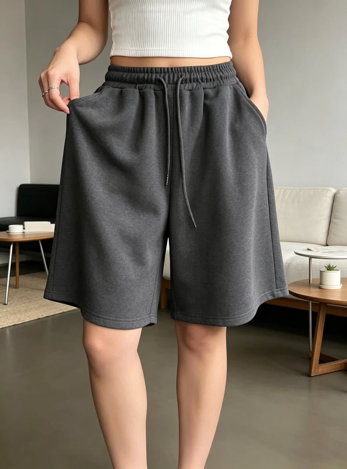 Women Comfy Lounge Wear Wide Leg Sweat Shorts Elastic Drawstring Pocket Casual Sports Daily Shorts  high waisted shorts