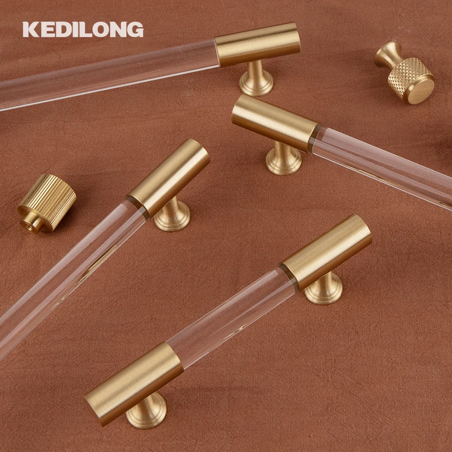 KEDLO European style modern brass acrylic Pull handle kitchen cabinet modern minimalist drawer transparent handle