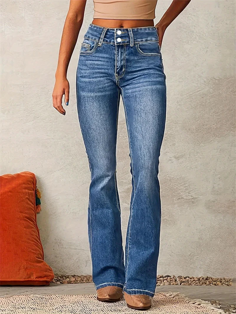 2025 Vintage Mid Waist Washed Stretch Jeans Women New Micro Flared Trousers Casual Commuter Female Denim Pants Trend Streetwear