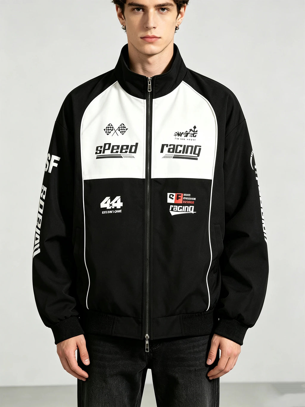 Men Racing Jacket Black White Color-block Stand Collar Zip-up Loose Windbreaker Speed Print Casual Streetwear Jacket Coat