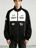 Men Racing Jacket Black White Color-block Stand Collar Zip-up Loose Windbreaker Speed Print Casual Streetwear Jacket Coat