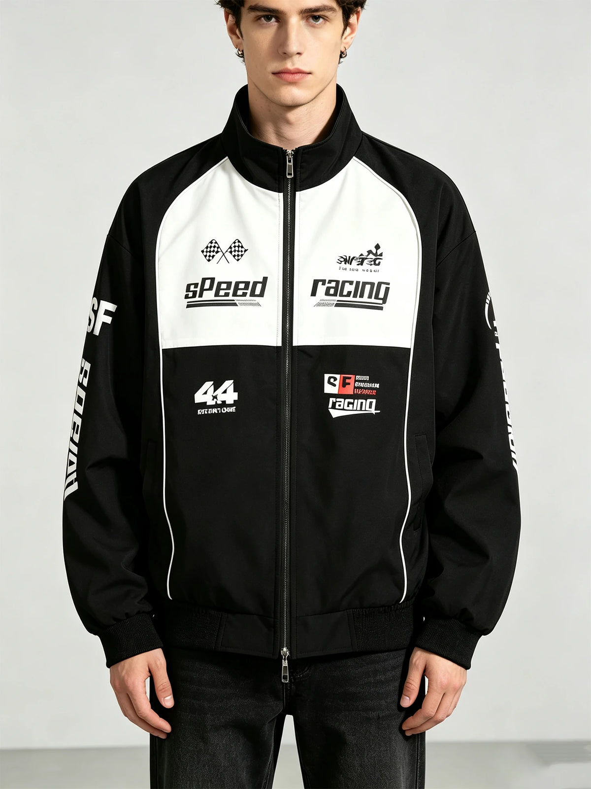Men Racing Jacket Black White Color-block Stand Collar Zip-up Loose Windbreaker Speed Print Casual Streetwear Jacket Coat