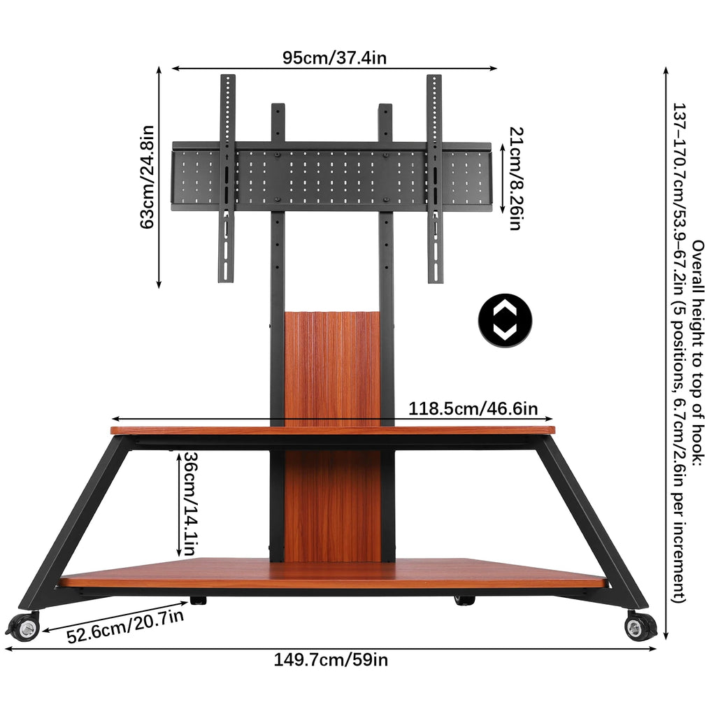Rolling TV Stand for 60-100 Inch TVs Up To 220 Lbs with Wooden Shelves Rolling TV Floor Stand Height Adjustable Lockable Wheels