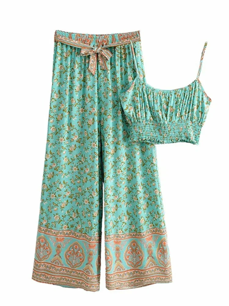 Vintage Chic  Women Floral Print Outfits Strap Sleeveless Tops Bohemian Suits Drawstring Pants 2 Pieces Rayon Cotton Boho Sets