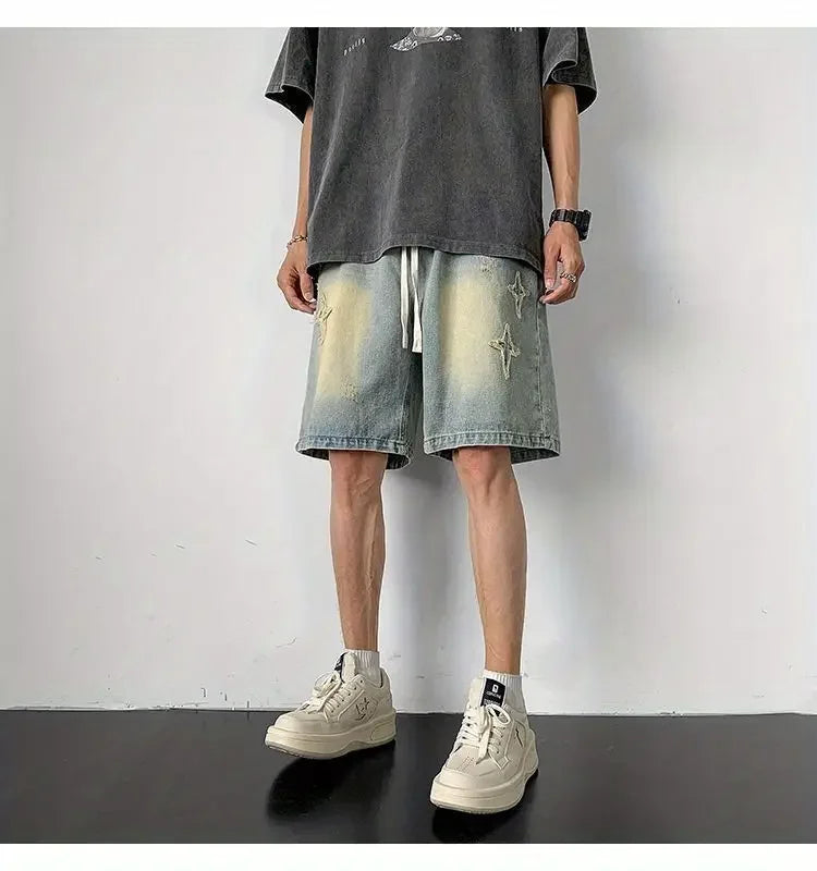 Embroidered Denim Shorts Men's Summer American Retro Street Five-point Pants Trendy Brand Trendy Loose