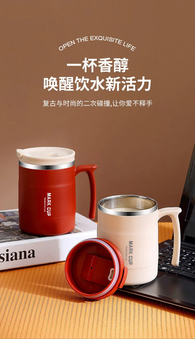 304 Stainless Steel Mug with Lid and Spoon Office Water Cup  High Aesthetic Coffee Cup, Breakfast Cup Water Bottles