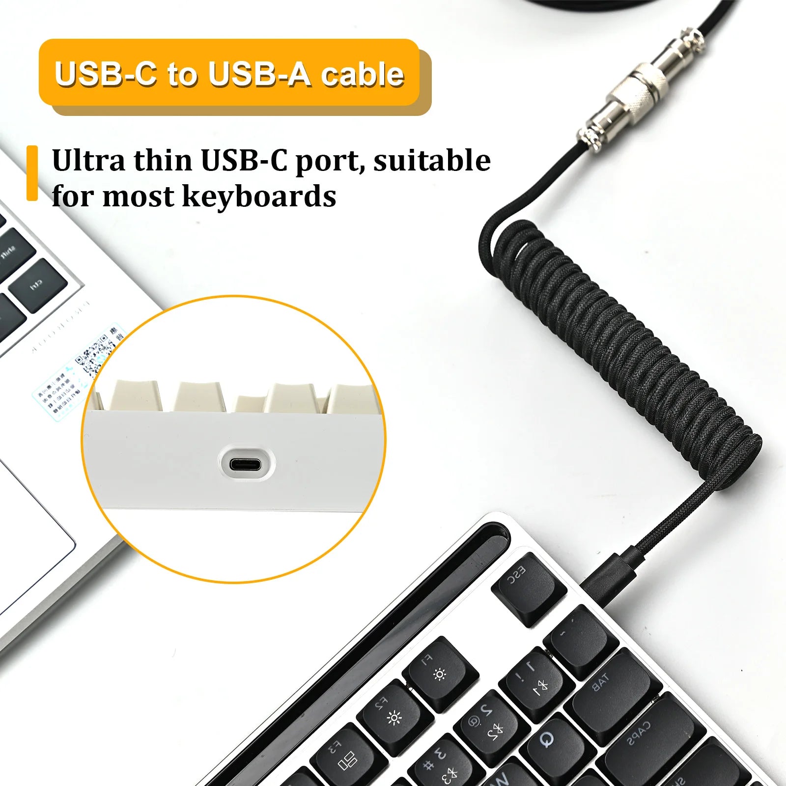 Metal USB A to TYPE C Braided Cable Mechanical Keyboard Coiled Cable USB Spring Wire Aviator Desktop Computer Aviation Connector
