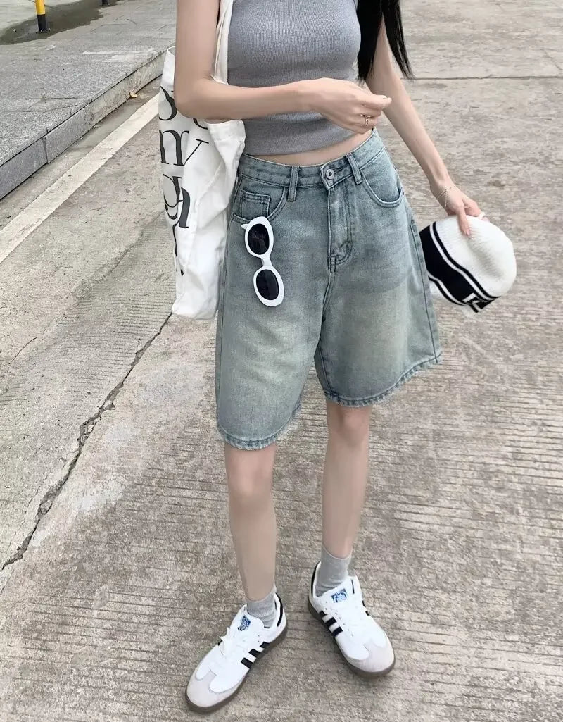 Summer High Waist Retro Jean Shorts for Women Loose Straight Denim Fashion Versatile Leisure Shorts Women's 2026