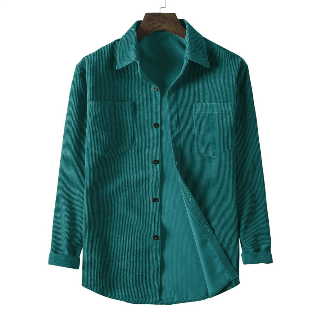 New spring and autumn men's corduroy long-sleeved double-pocket solid color casual men's top button lapel fashion