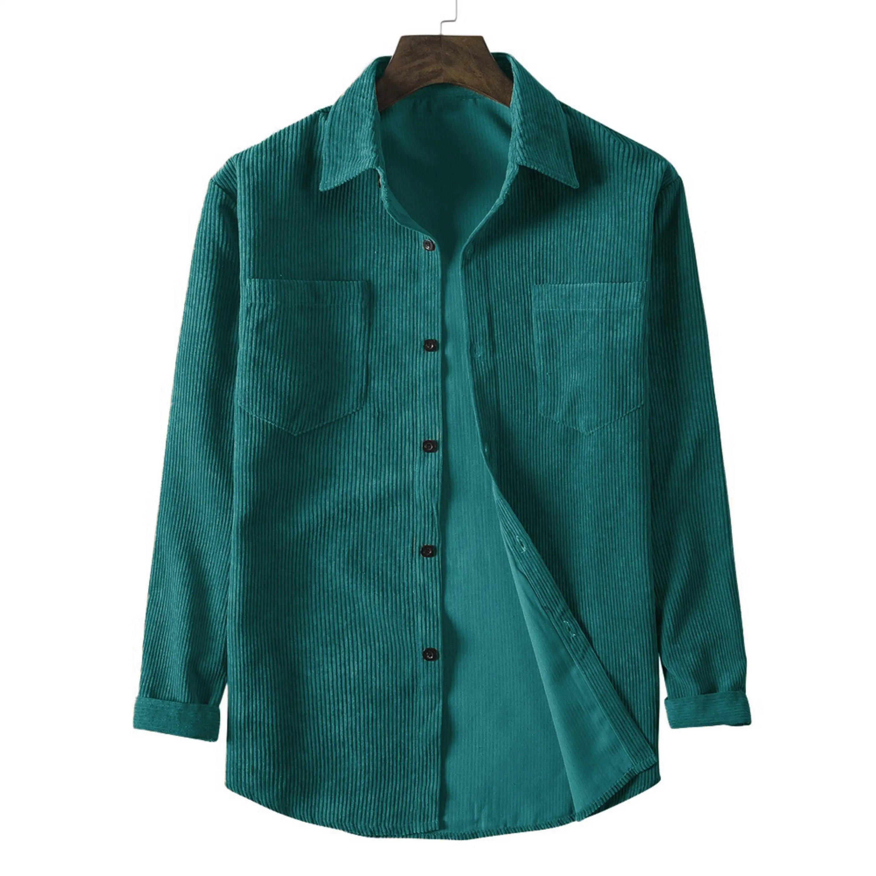 New spring and autumn men's corduroy long-sleeved double-pocket solid color casual men's top button lapel fashion