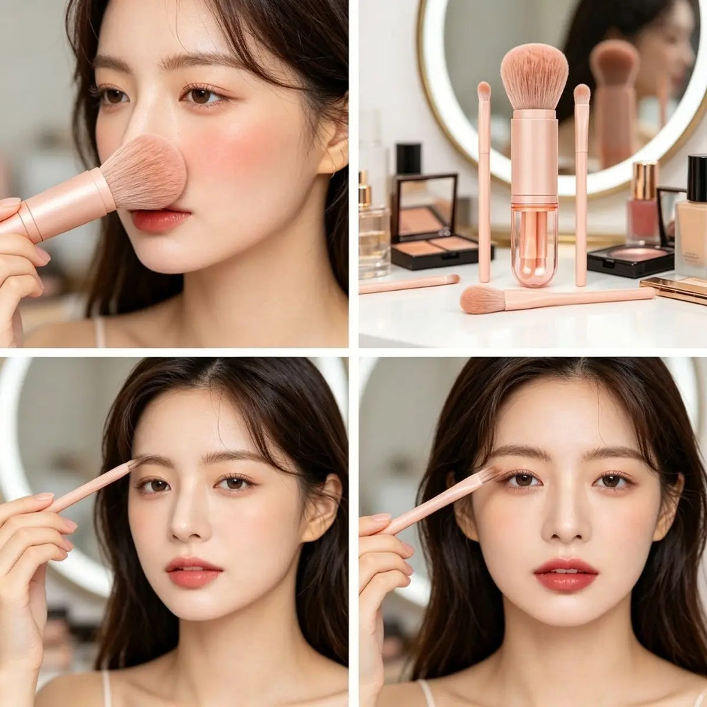 Travel Makeup Brushes Set: 4 in 1 Mini Cute Makeup Brush Retractable Foundation Blending Powder Eye Shadow Brush