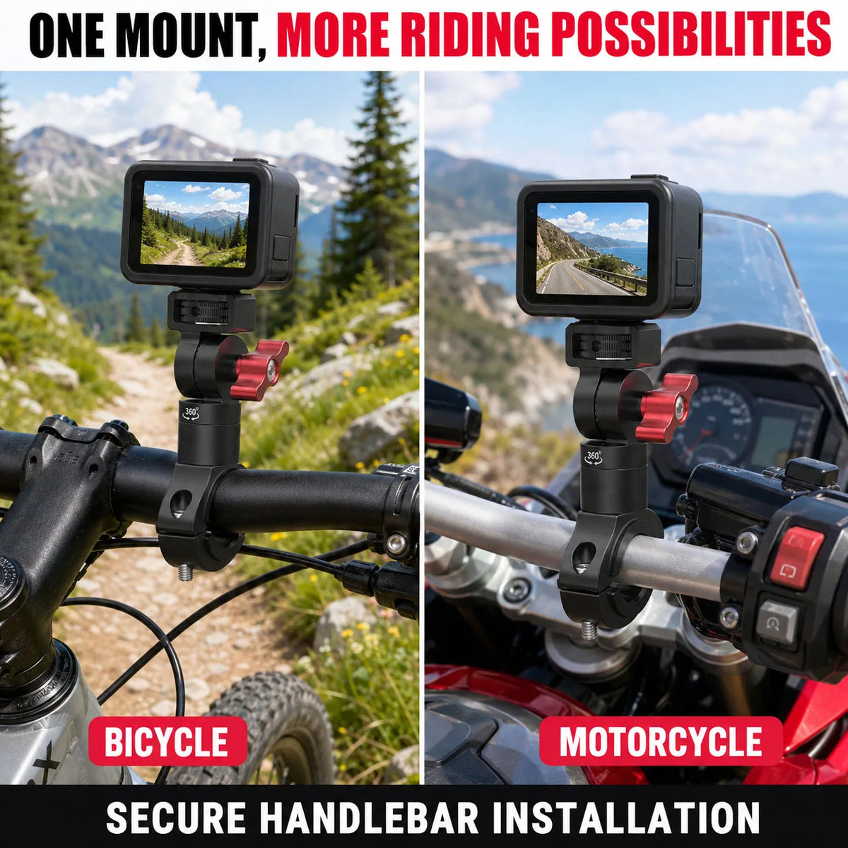 SOARSHOT Bicycle Motorcycle Handlebar Camera Mount 360° Swivel 22-32mm Clamp for DJI Osmo Insta360 Action Camera Quick Release