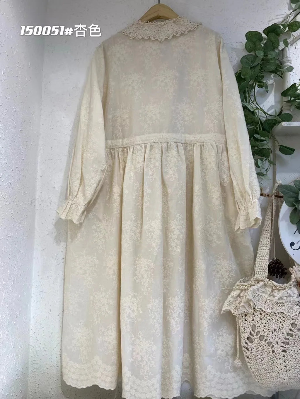 Vintage Embroidery Long Sleeve Cotton Linen Dresses Women Japanese Mori Girl Ruffled Lace Collar Loose Midi Dress Casual Vestido