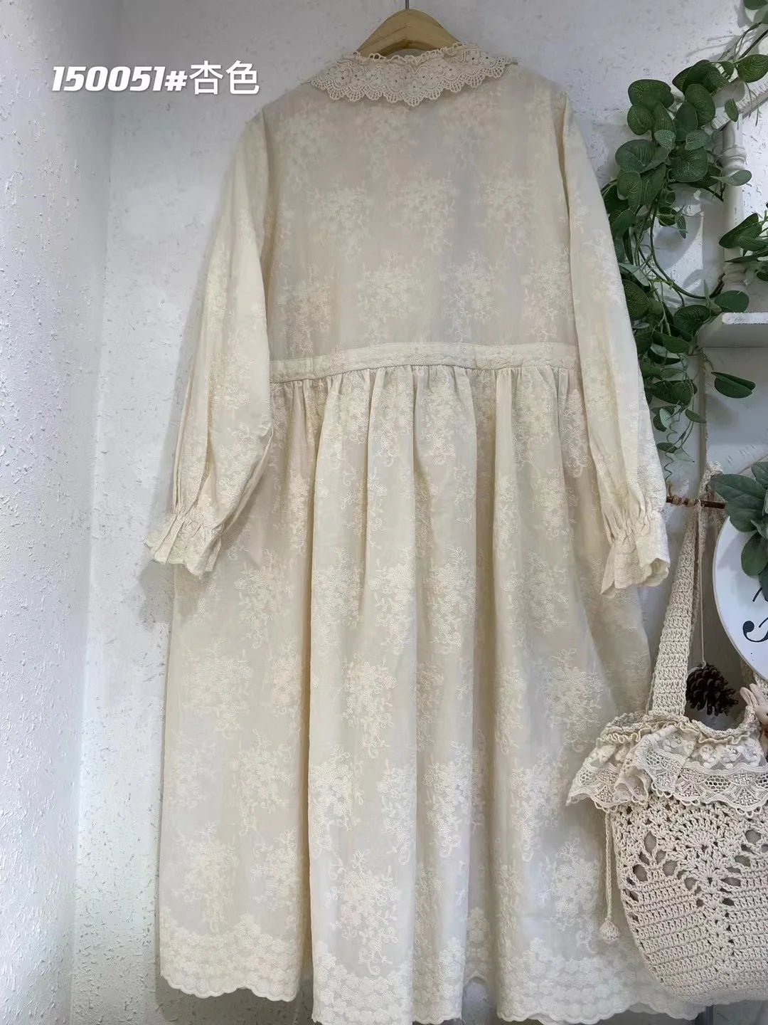 Vintage Embroidery Long Sleeve Cotton Linen Dresses Women Japanese Mori Girl Ruffled Lace Collar Loose Midi Dress Casual Vestido