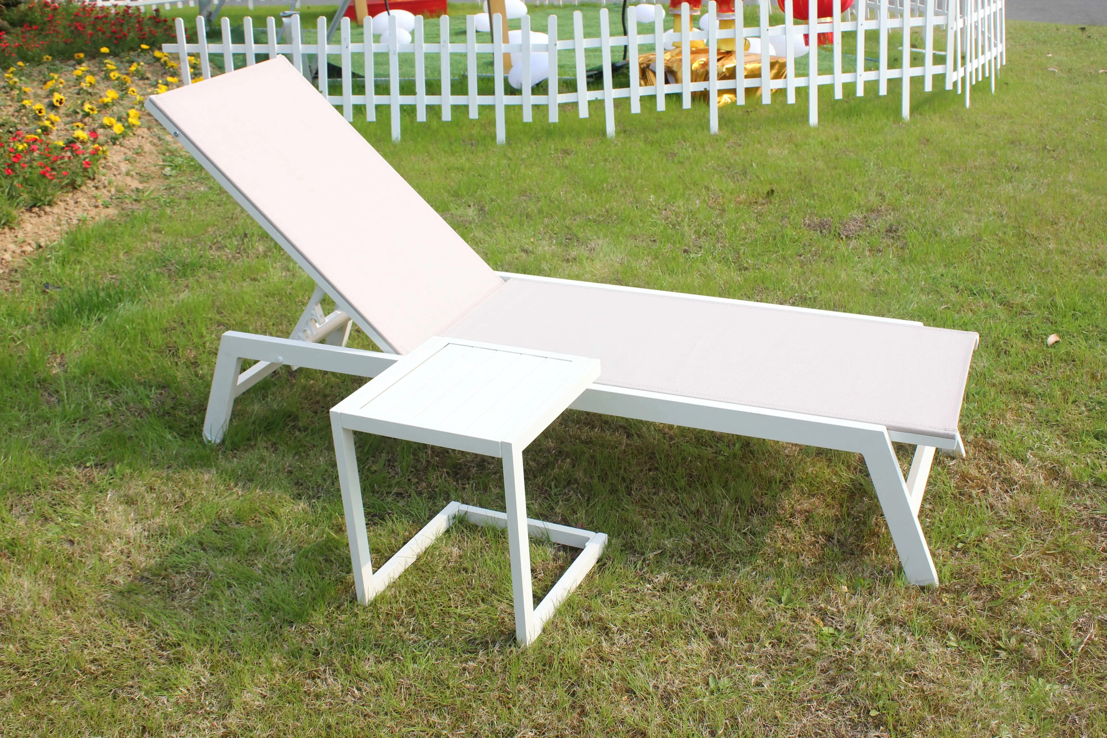 3PCS Aluminum Teslin Sun Lounger Set With Side Table Adjustable Backrest Outdoor Chaise Lounge Pool Garden Beach Hotel Sunbed
