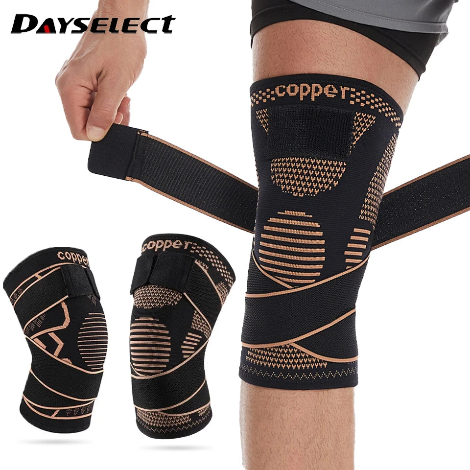 1Pcs Knee Support Knitted Nylon Copper Ion X-type Stable Patella Compression With Straps Ligament Strain  Knee Pads Men Women
