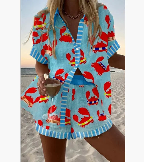 2025 New Summer Vacation Shorts Set 3D Printed Seaside Tropical Casual Lapel Shirt Blouse Top Shorts 2-Piece Suits Beach Holiday