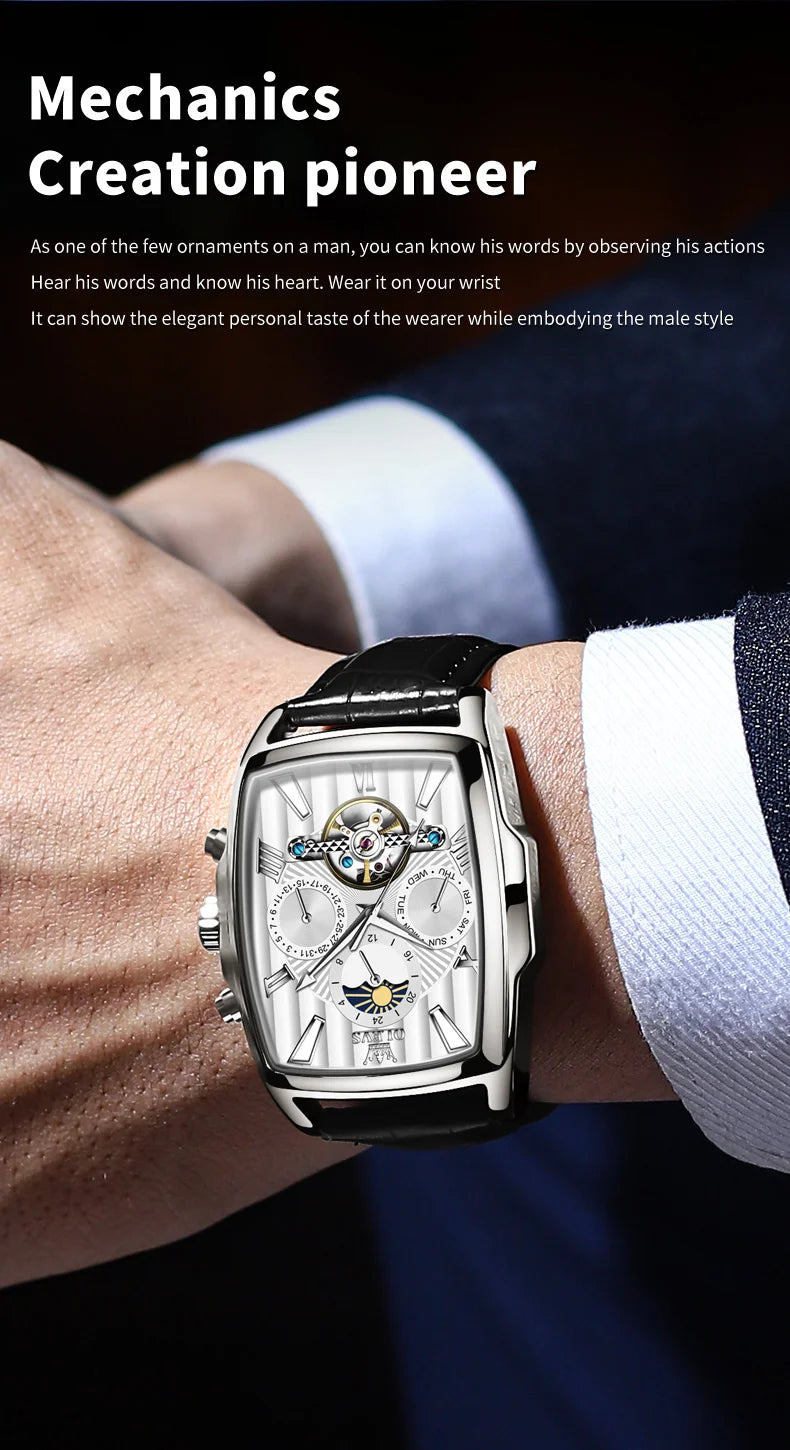 OLEVS 6675 Mens Watch Flywheel Multifunctional Chronograph Mechanical Watch Leather Strap Square Watches For Man High Quality