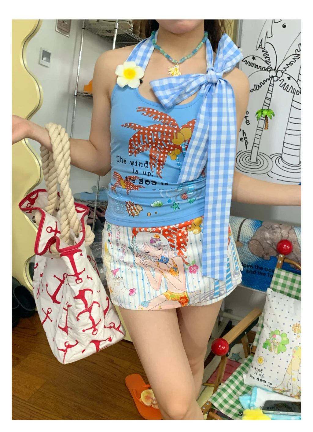 Erwofeina Hotsweet Blue Patchwork Plaid Halter Tops 2000s Clothes Y2k Sleeveless Camis Summer Tank Tops Beach Camisole Chic
