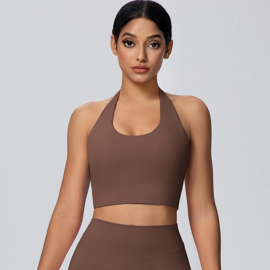 Woman Solid Color Sexy Neck Strap Bra Yoga Underwear With Chest Pad Backless Gather Shockproof Gym Workout Top Sports Yoga Bra