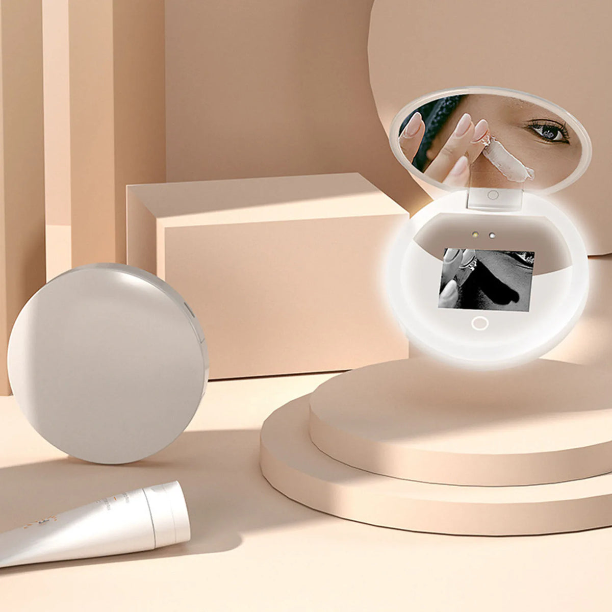 UV Mirror Sunscreen Testing Camera with Light 2X Magnification Travel Makeup 3.5in Pocket Size L