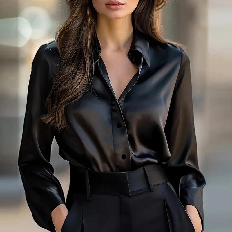 Fashion Women Long Sleeve Silk Shirt Black Turn Down Collar Button Blouse Women Office Tops Mesh See Through Sleeve Satin Shirt