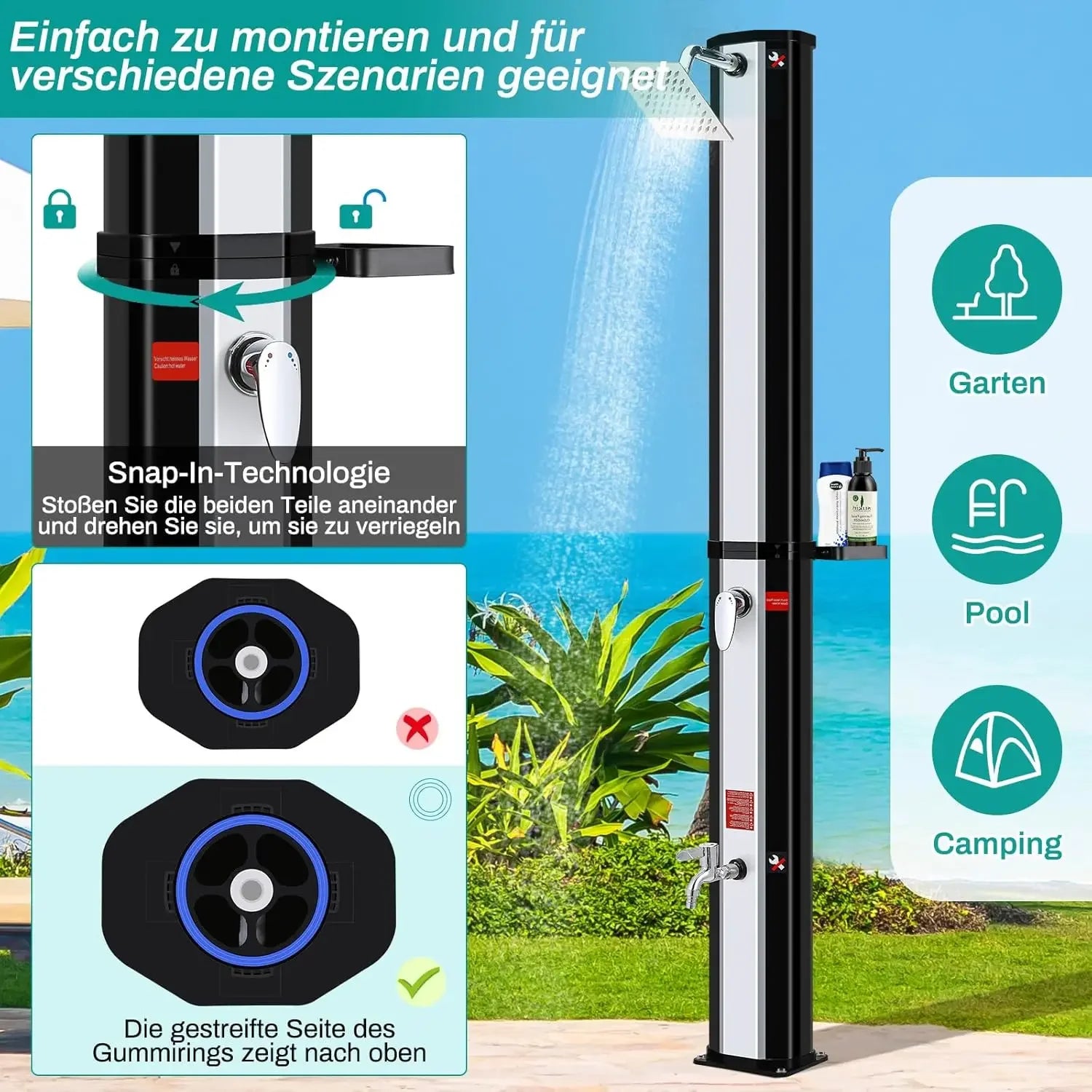 60L Freestanding Outdoor Solar Heated Shower,Outdoor Pool Showers for Outside,High 228cm Solar Shower Column 360° Swivel Shower