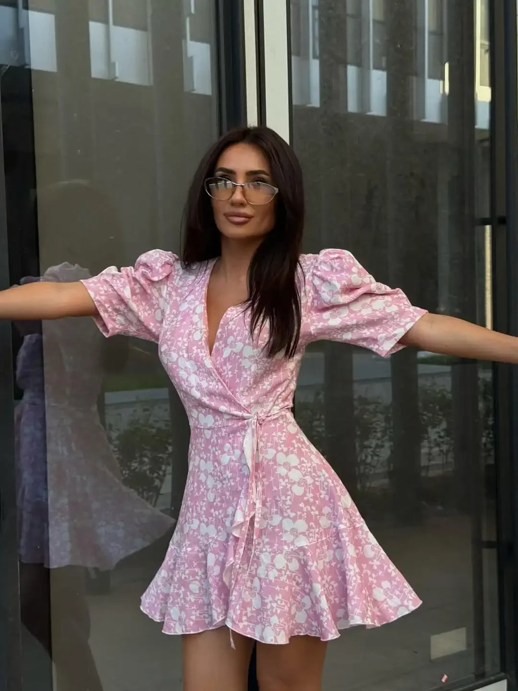 Elegant Printed Lace Up Dress Women V-neck Puff Short Sleeve Waist-cinching Mini Dresses Lady Daily Street Gowns 2026 Summer