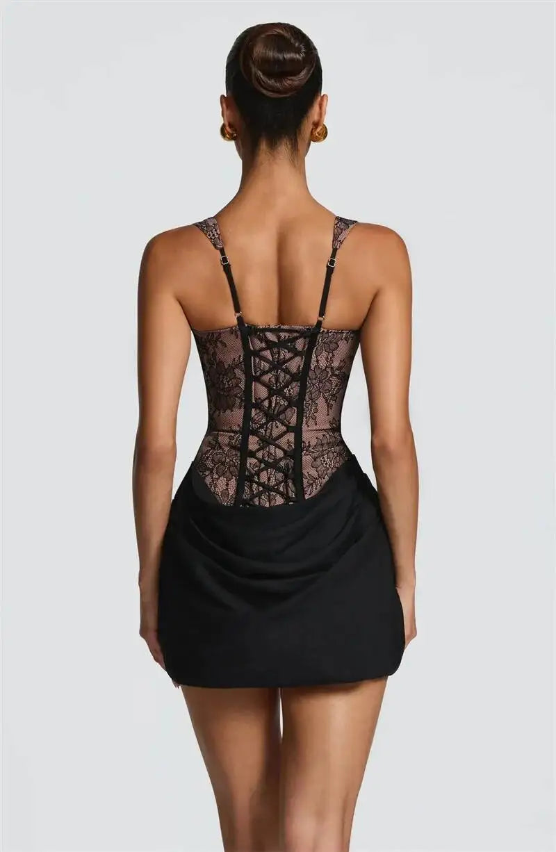 Mozision Lace Corset Mini Dress Women Square Neck Wide Strap Ruched Satin Bodycon Short Dress Club Party Cocktail Vestidos