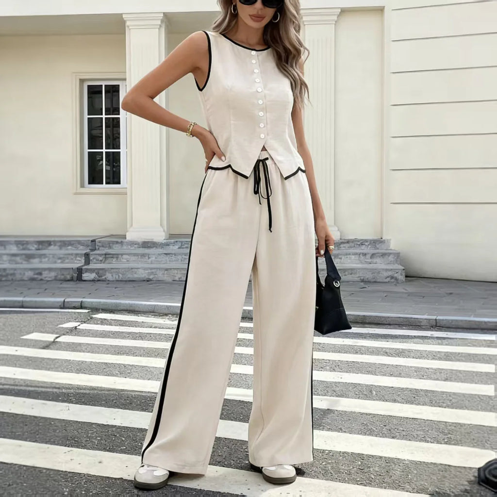 Summer 2026 Women's Color Block Sleeveless Single Button Vest And Drawstring Pants Set Fashionable Casual Outfit Polyester