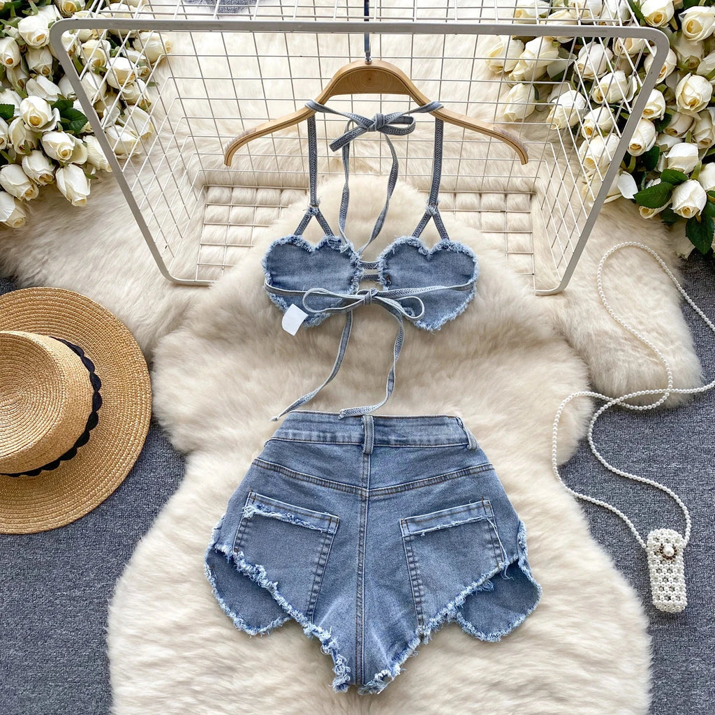 Retro Women Bikini Denim Suits Summer Halter Camis Mini Short Pant Fashion Vacation Suits Sexy Comfortable