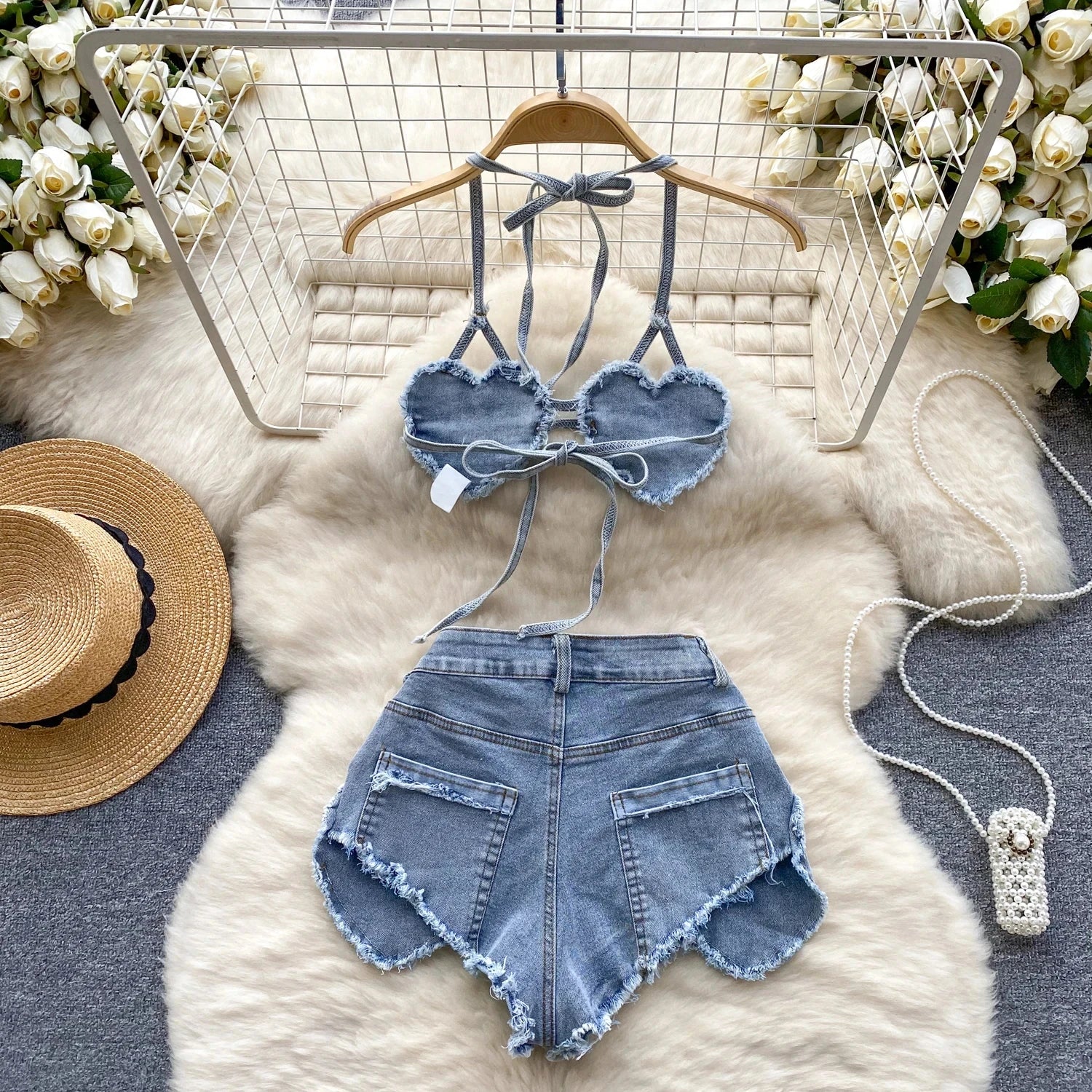 Retro Women Bikini Denim Suits Summer Halter Camis Mini Short Pant Fashion Vacation Suits Sexy Comfortable