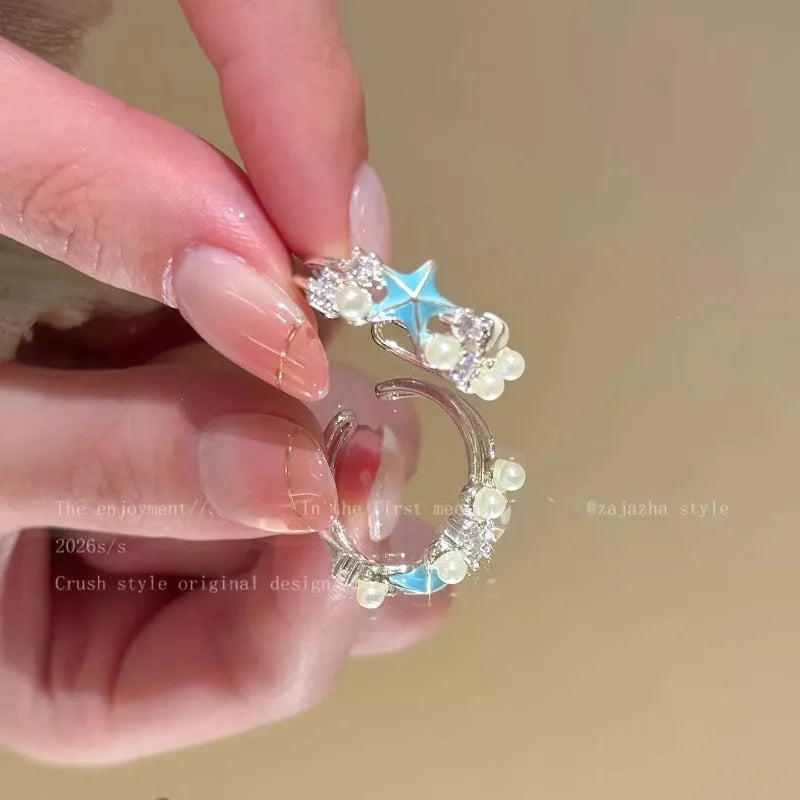 Sweet Blue Starfish Shell Rings for Women Girls Fashion Imitation Pearl Open Rings Summer Ocean Vacation Jewelry Accessories
